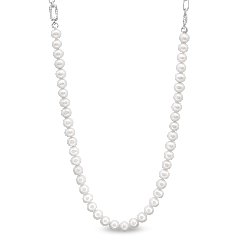 Freshwater Cultured Pearl and White Lab-Created Sapphire Paper Clip Chain Half-and-Half Necklace in Sterling Silver|Peoples Jewellers