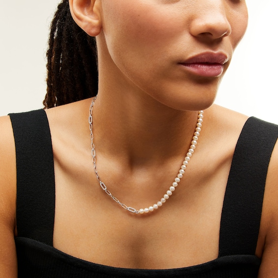 Freshwater Cultured Pearl and White Lab-Created Sapphire Paper Clip Chain Half-and-Half Necklace in Sterling Silver