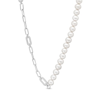 Freshwater Cultured Pearl and White Lab-Created Sapphire Paper Clip Chain Half-and-Half Necklace in Sterling Silver