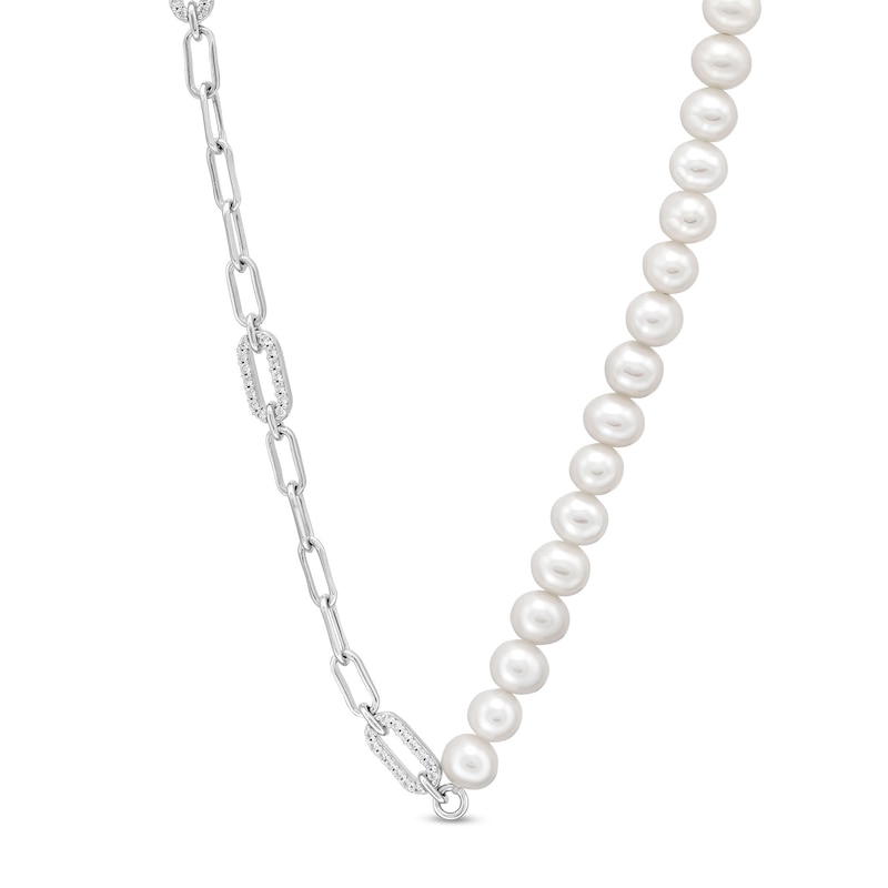 Freshwater Cultured Pearl and White Lab-Created Sapphire Paper Clip Chain Half-and-Half Necklace in Sterling Silver
