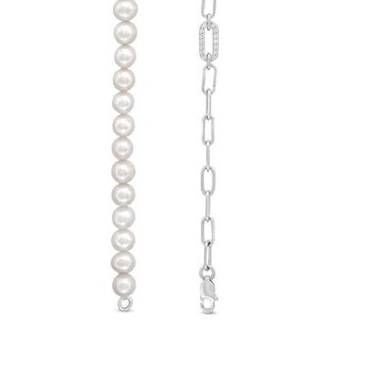 Freshwater Cultured Pearl and White Lab-Created Sapphire Paper Clip Chain Half-and-Half Necklace in Sterling Silver