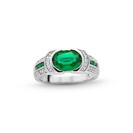 Oval and Round Lab-Created Emerald with White Lab-Created Sapphire Collar Triple Row Ring in Sterling Silver