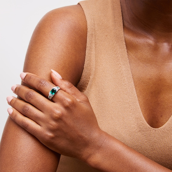 Oval and Round Lab-Created Emerald with White Lab-Created Sapphire Collar Triple Row Ring in Sterling Silver