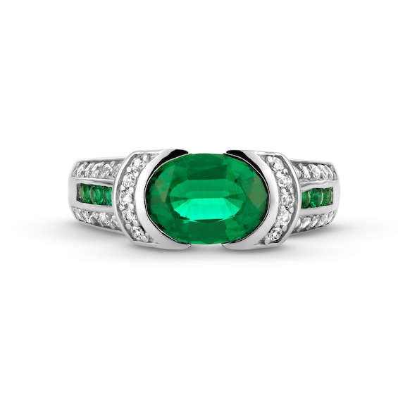 Oval and Round Lab-Created Emerald with White Lab-Created Sapphire Collar Triple Row Ring in Sterling Silver