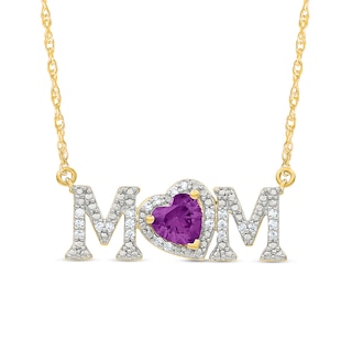 5.0mm Heart-Shaped Amethyst and 0.10 CT. T.W. Diamond "MOM" Necklace in 10K Gold