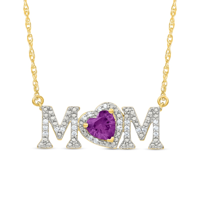 5.0mm Heart-Shaped Amethyst and 0.10 CT. T.W. Diamond "MOM" Necklace in 10K Gold