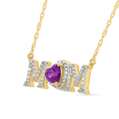 5.0mm Heart-Shaped Amethyst and 0.10 CT. T.W. Diamond "MOM" Necklace in 10K Gold