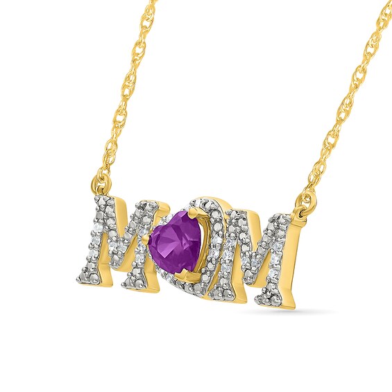 5.0mm Heart-Shaped Amethyst and 0.10 CT. T.W. Diamond "MOM" Necklace in 10K Gold