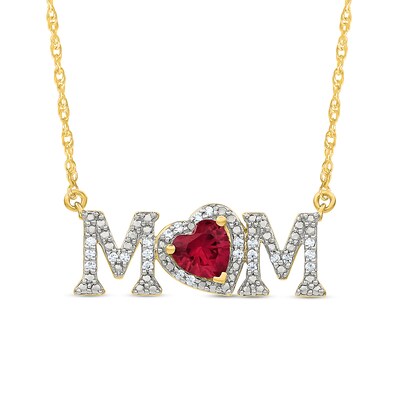 5.0mm Heart-Shaped Lab-Created Ruby and 0.10 CT. T.W. Diamond "MOM" Necklace in 10K Gold