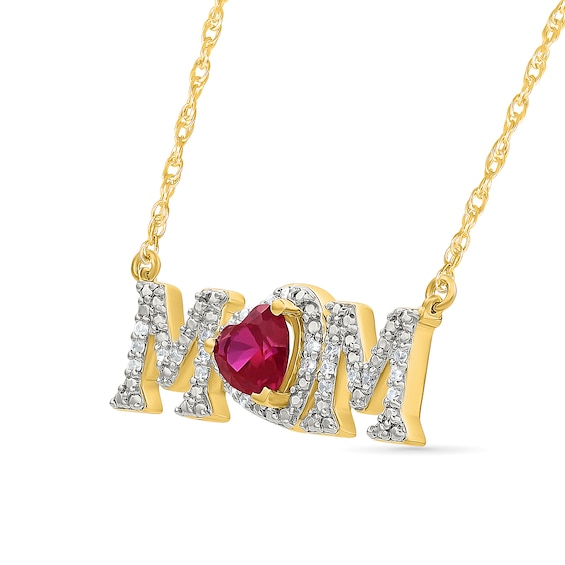 5.0mm Heart-Shaped Lab-Created Ruby and 0.10 CT. T.W. Diamond "MOM" Necklace in 10K Gold