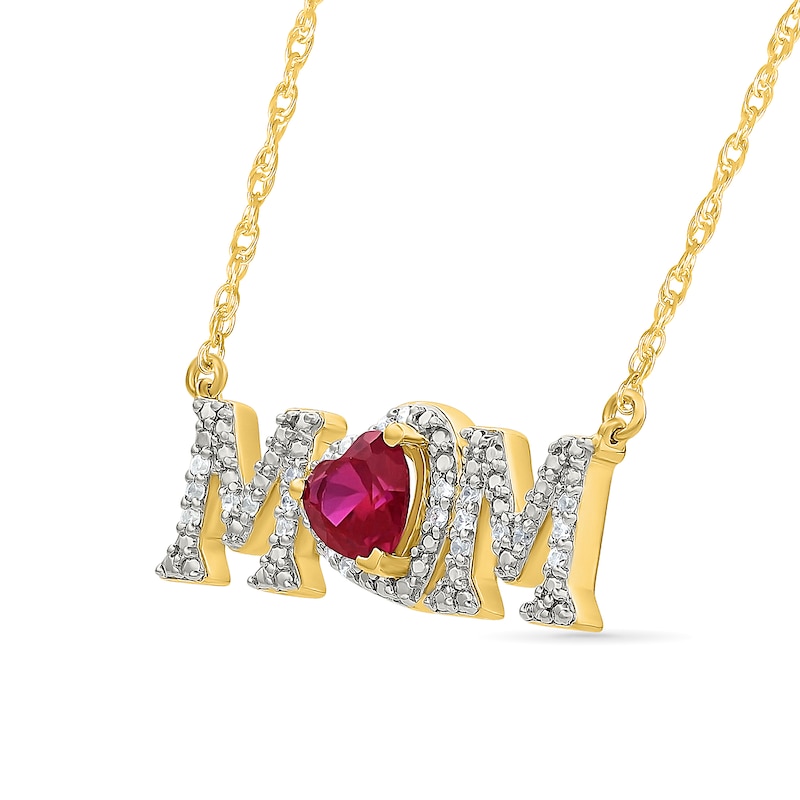 5.0mm Heart-Shaped Lab-Created Ruby and 0.10 CT. T.W. Diamond "MOM" Necklace in 10K Gold|Peoples Jewellers