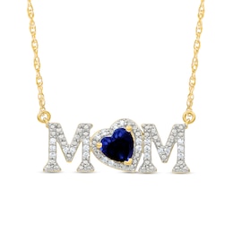 5.0mm Heart-Shaped Blue Lab-Created Sapphire and 0.10 CT. T.W. Diamond &quot;MOM&quot; Necklace in 10K Gold