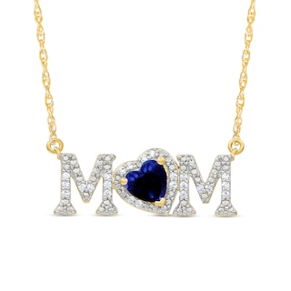 5.0mm Heart-Shaped Lab-Created Sapphire and 0.10 CT. T.W. Diamond "MOM" Necklace in 10K Gold