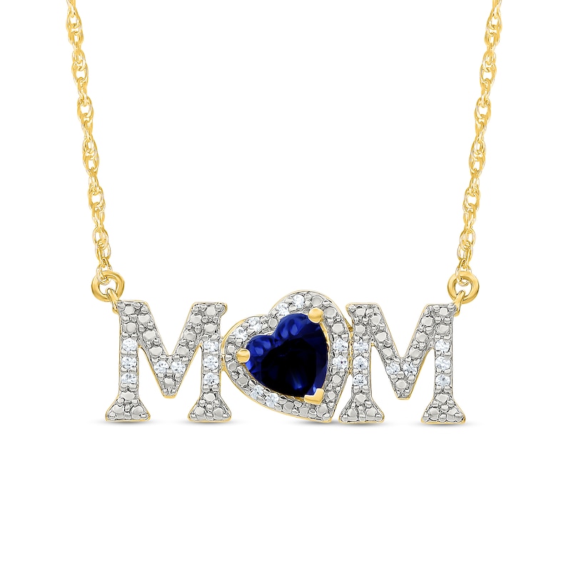 5.0mm Heart-Shaped Blue Lab-Created Sapphire and 0.10 CT. T.W. Diamond "MOM" Necklace in 10K Gold