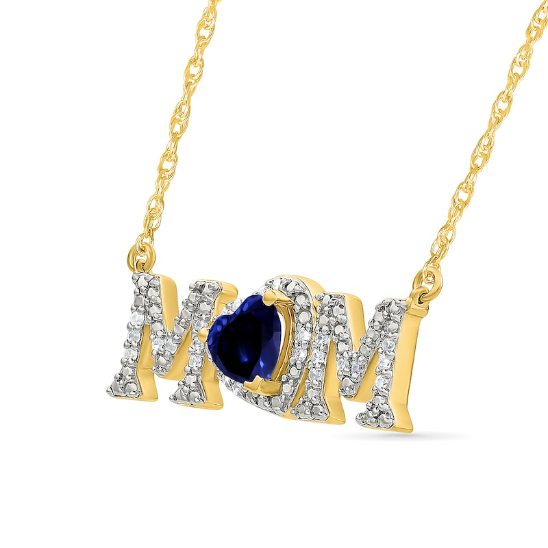 5.0mm Heart-Shaped Blue Lab-Created Sapphire and 0.10 CT. T.W. Diamond "MOM" Necklace in 10K Gold