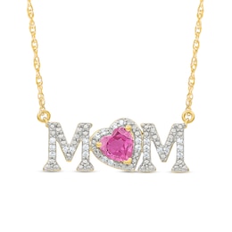 5.0mm Heart-Shaped Pink Lab-Created Sapphire and 0.10 CT. T.W. Diamond &quot;MOM&quot; Necklace in 10K Gold
