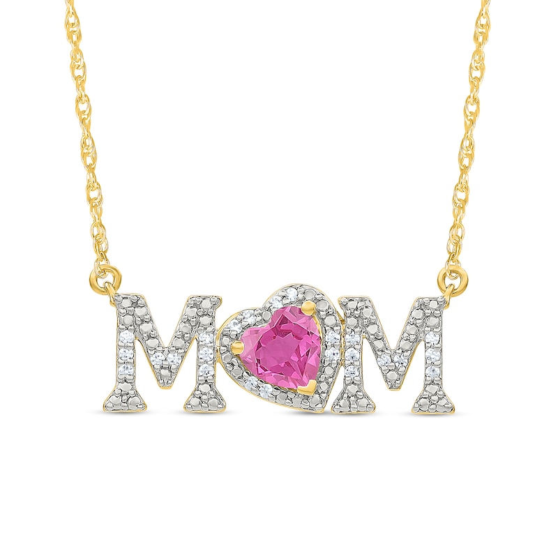5.0mm Heart-Shaped Pink Lab-Created Sapphire and 0.10 CT. T.W. Diamond "MOM" Necklace in 10K Gold