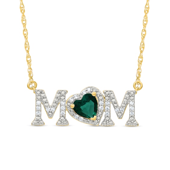 5.0mm Heart-Shaped Lab-Created Emerald and 0.10 CT. T.W. Diamond "MOM" Necklace in 10K Gold