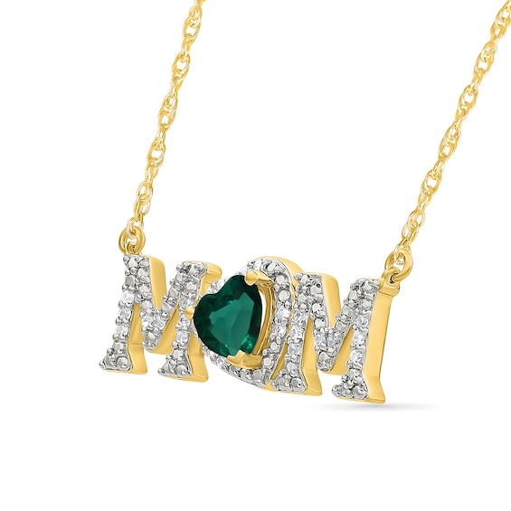 5.0mm Heart-Shaped Lab-Created Emerald and 0.10 CT. T.W. Diamond "MOM" Necklace in 10K Gold