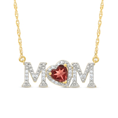 5.0mm Heart-Shaped Garnet and 0.10 CT. T.W. Diamond "MOM" Necklace in 10K Gold