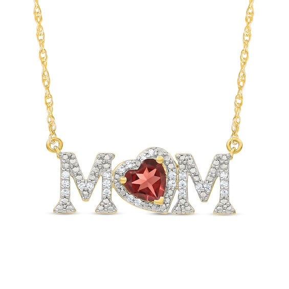 5.0mm Heart-Shaped Garnet and 0.10 CT. T.W. Diamond "MOM" Necklace in 10K Gold