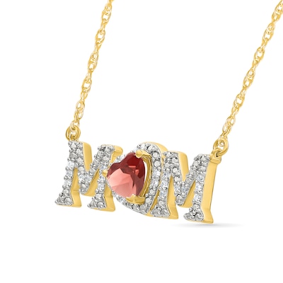 5.0mm Heart-Shaped Garnet and 0.10 CT. T.W. Diamond "MOM" Necklace in 10K Gold