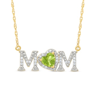 5.0mm Heart-Shaped Peridot and 0.10 CT. T.W. Diamond "MOM" Necklace in 10K Gold