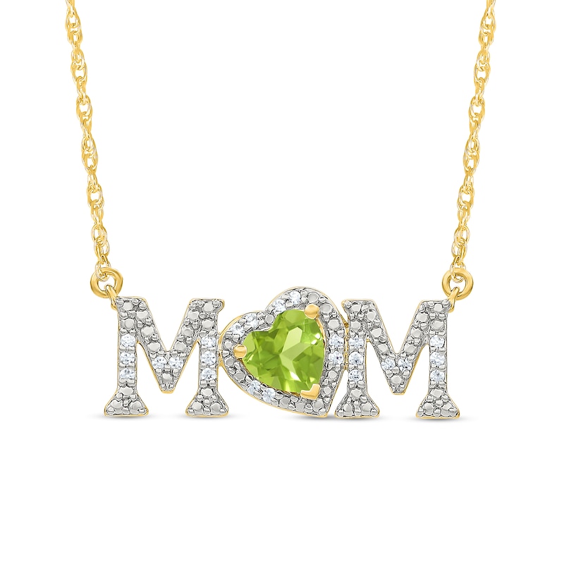 5.0mm Heart-Shaped Peridot and 0.10 CT. T.W. Diamond "MOM" Necklace in 10K Gold|Peoples Jewellers