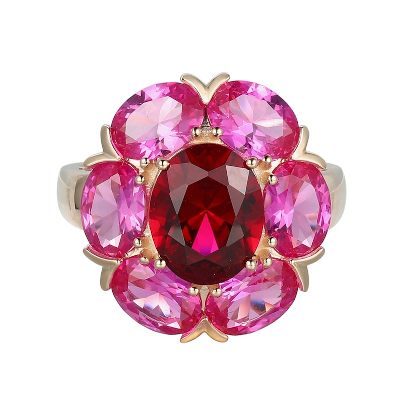 Oval Lab-Created Ruby and Pink Lab-Created Sapphire Flower Ring in 10K Gold - Size 7|Peoples Jewellers