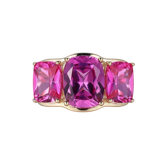 Elongated Cushion-Cut Pink Lab-Created Sapphire Three Stone Ring in 10K Gold - Size 7