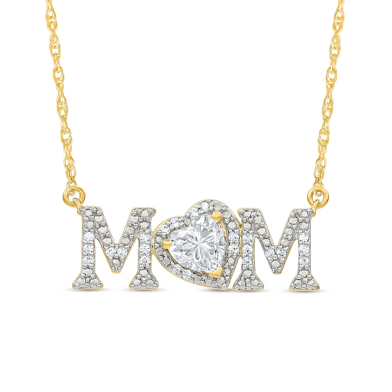 Main Image 1 of 5.0mm Heart-Shaped White Lab-Created Sapphire and 0.10 CT. T.W. Diamond &quot;MOM&quot; Necklace in 10K Gold