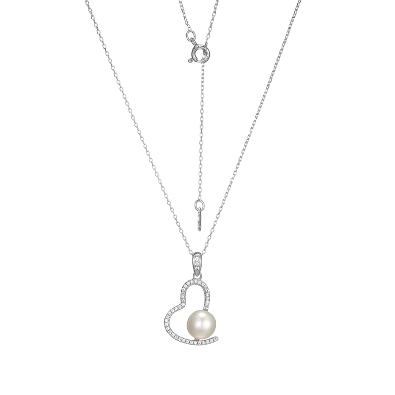 Main Image 1 of 8.5-9.0mm Freshwater Cultured Pearl and White Lab-Created Sapphire Tilted Heart Pendant in Sterling Silver