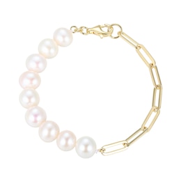 Freshwater Cultured Pearl and Paper Clip Chain Half-and-Half Bracelet in Sterling Silver with 18K Gold Plate-7.5&quot;