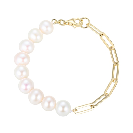 Freshwater Cultured Pearl and Paper Clip Chain Half-and-Half Bracelet in Sterling Silver with 18K Gold Plate-7.5"