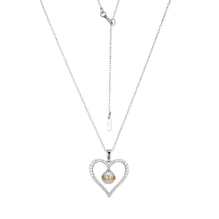 6.5-7.0mm Freshwater Cultured Pearl and White Lab-Created Sapphire "MOM" Heart Pendant in Sterling Silver and 10K Gold