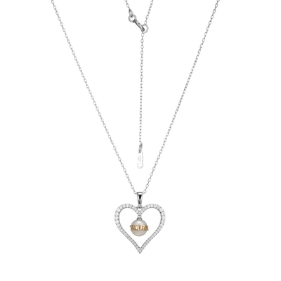 6.5-7.0mm Freshwater Cultured Pearl and White Lab-Created Sapphire "MOM" Heart Pendant in Sterling Silver and 10K Gold