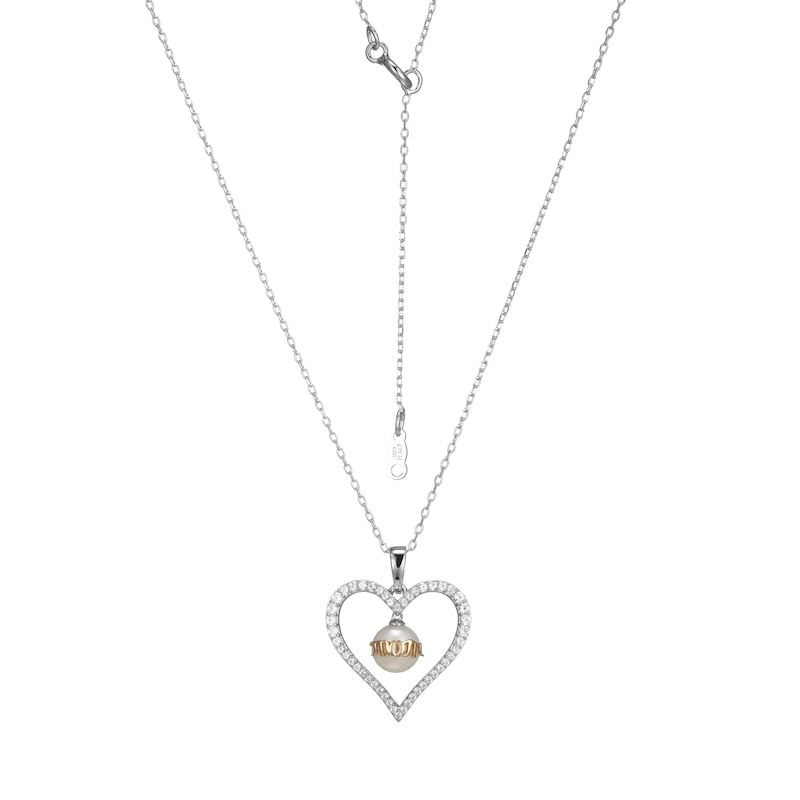 6.5-7.0mm Freshwater Cultured Pearl and White Lab-Created Sapphire "MOM" Heart Pendant in Sterling Silver and 10K Gold|Peoples Jewellers