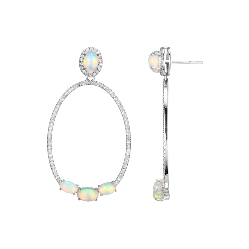 Oval Opal and 0.60 CT. T.W. Diamond Open Drop Earrings in 10K White Gold|Peoples Jewellers