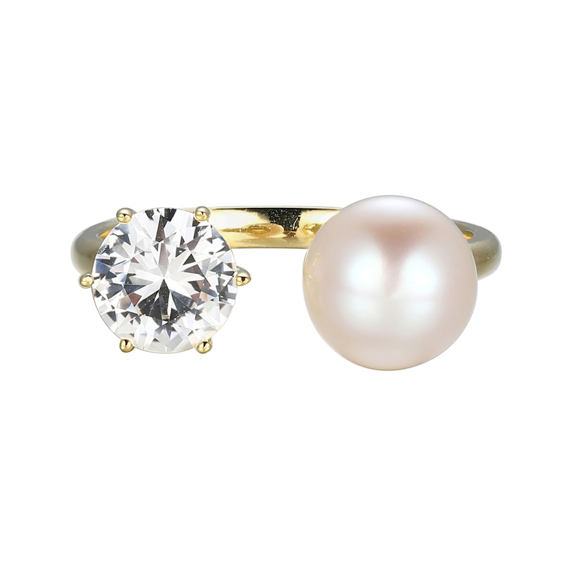 Freshwater Cultured Pearl and White Lab-Created Sapphire Toi et Moi Open Ring in Sterling Silver with 18K Gold Plate|Peoples Jewellers