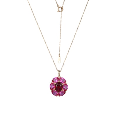 Oval Lab-Created Ruby and Pink Lab-Created Sapphire Flower Pendant in 10K Gold