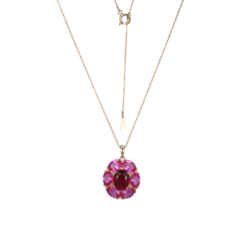 Oval Lab-Created Ruby and Pink Lab-Created Sapphire Flower Pendant in 10K Gold|Peoples Jewellers