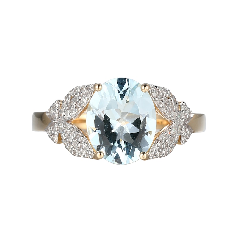 Oval Aquamarine and 0.20 CT. T.W. Diamond Butterfly-Sides Ring in 14K Gold - Size 7|Peoples Jewellers