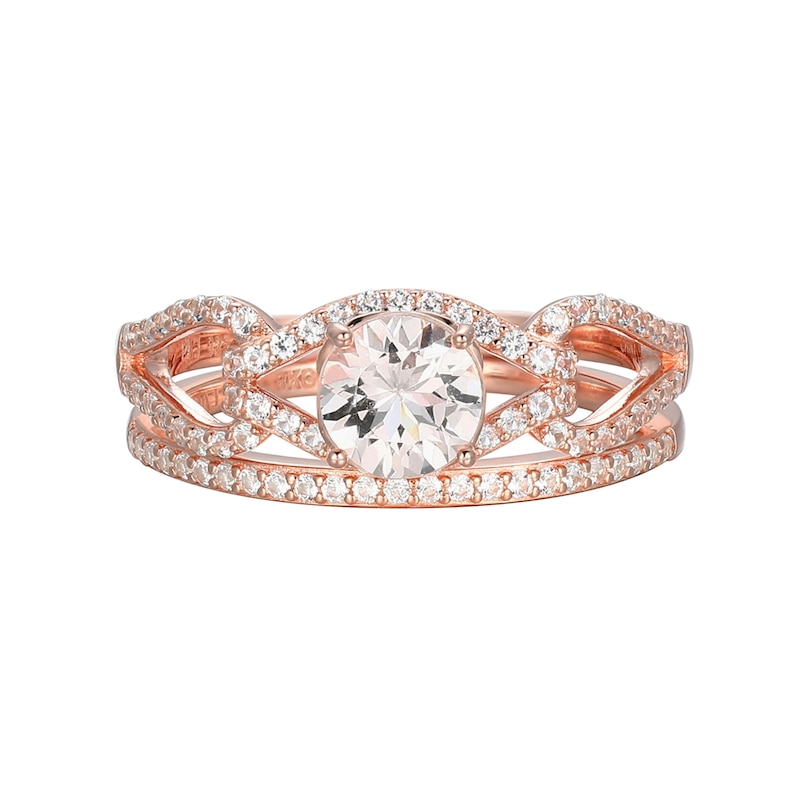 6.0mm Morganite and White Lab-Created Sapphire Buckle Frame Bridal Set in Sterling Silver with 18K Rose Gold Plate - Size 7|Peoples Jewellers