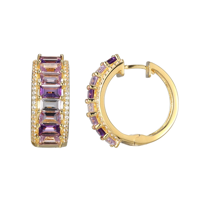 Baguette Amethyst and White Lab-Created Sapphire Huggie Hoop Earrings in Sterling Silver with 18K Gold Plate|Peoples Jewellers