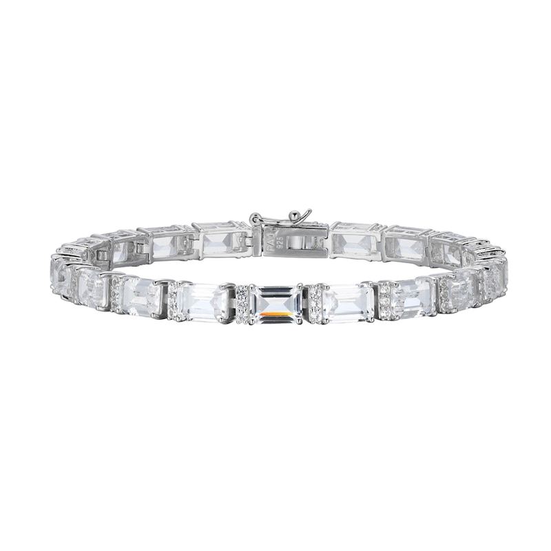 Emerald-Cut and Round White Lab-Created Sapphire Alternating Bracelet in Sterling Silver - 7.25"|Peoples Jewellers