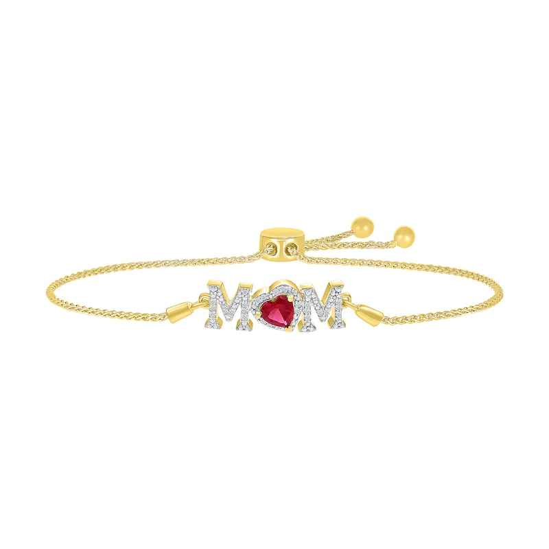 5.0mm Heart-Shaped Lab-Created Ruby and White Lab-Created Sapphire "MOM" Bolo Bracelet in 10K Gold - 9"|Peoples Jewellers
