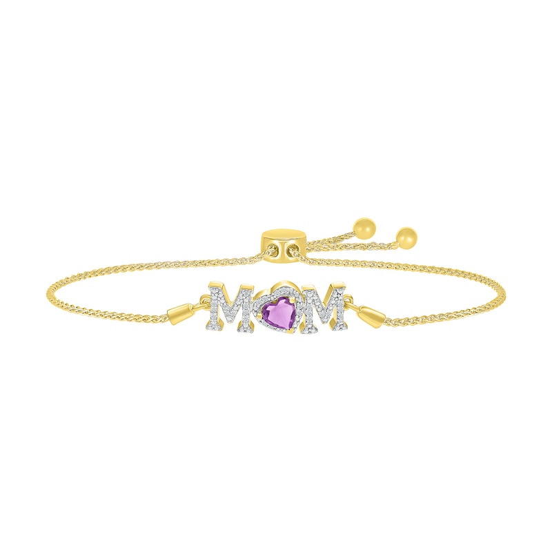 5.0mm Heart-Shaped Amethyst and White Lab-Created Sapphire "MOM" Bolo Bracelet in 10K Gold - 9"|Peoples Jewellers