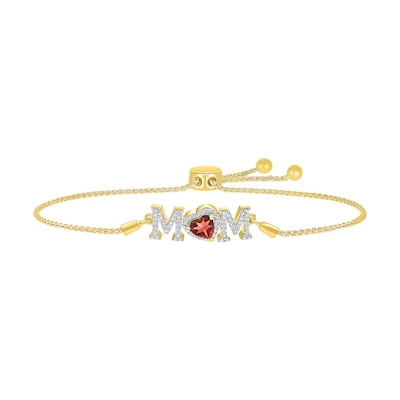 5.0mm Heart-Shaped Garnet and White Lab-Created Sapphire "MOM" Bolo Bracelet in 10K Gold - 9"