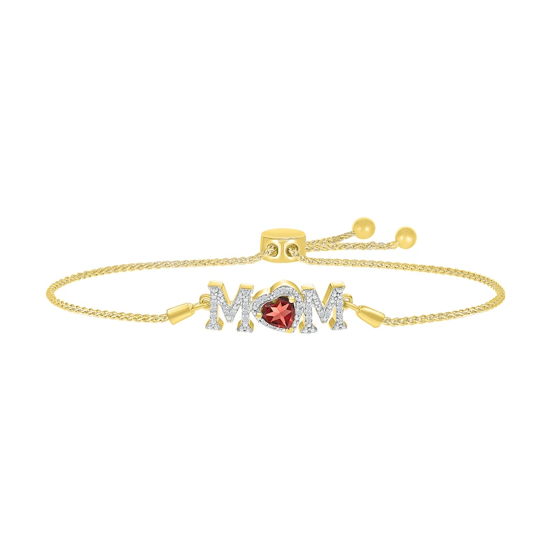 5.0mm Heart-Shaped Garnet and White Lab-Created Sapphire "MOM" Bolo Bracelet in 10K Gold - 9"|Peoples Jewellers