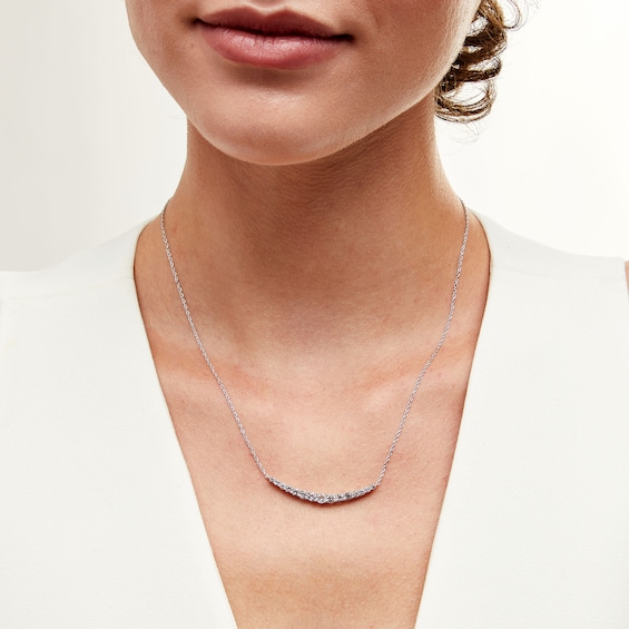 White Lab-Created Sapphire Graduated Curved Bar Necklace in Sterling Silver